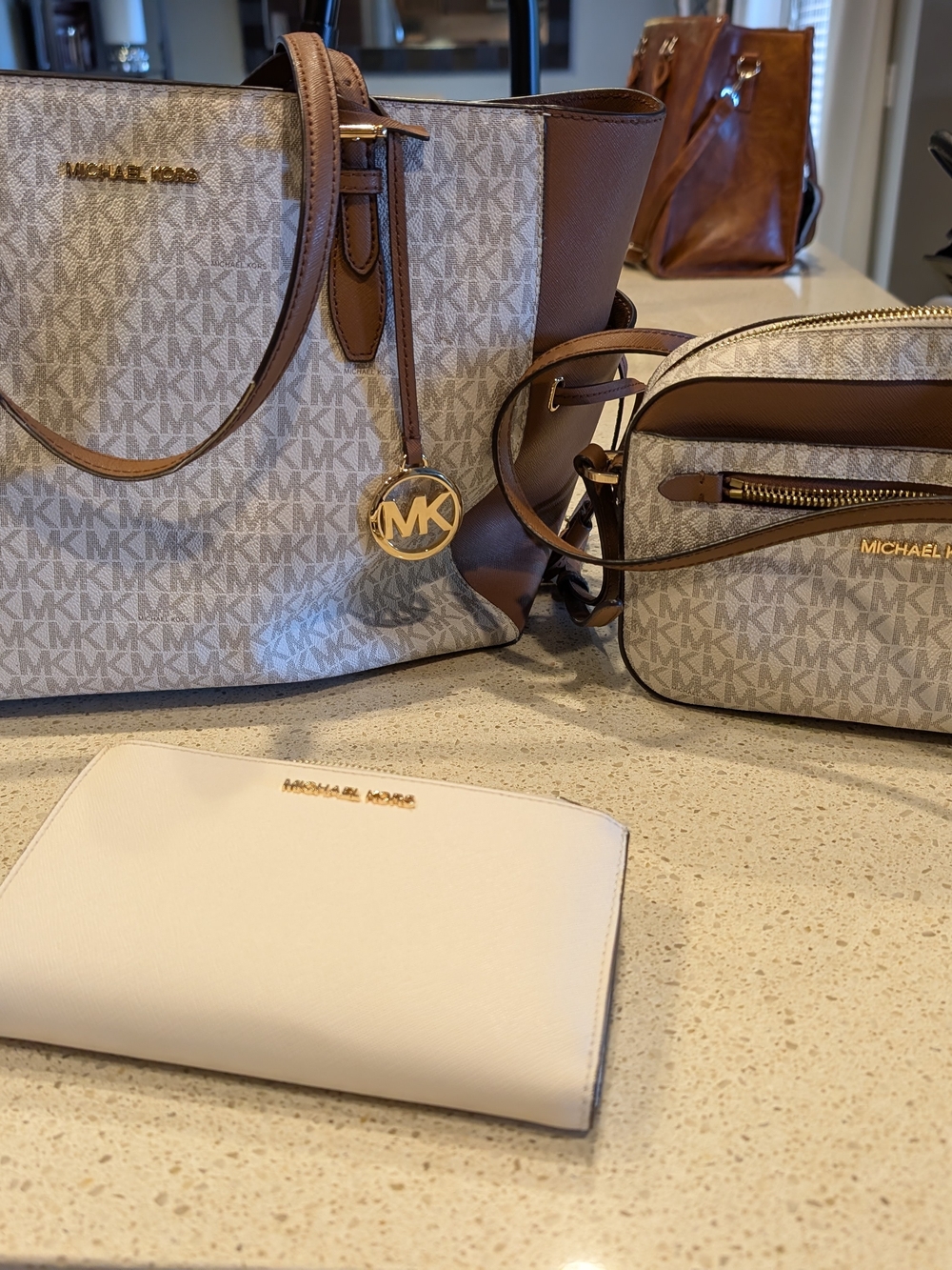 Michael Kors Signature Logo Tote and Crossbody Set in Brown and Cream